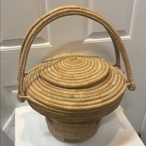 Handwoven Laotian Wedding Basket with Lid & Handle Natural Rattan, Teal Accents,
